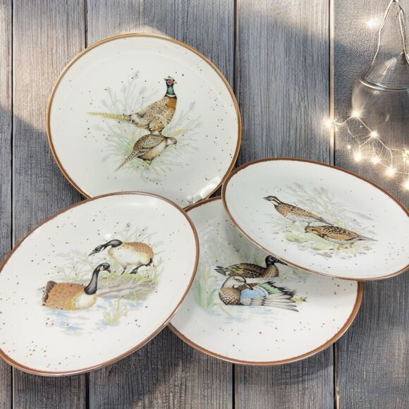 1980s Japanese Stoneware Pottery Dish Plate Set 4 Bird Scene Round Dishes VTG - Picture 1 of 10